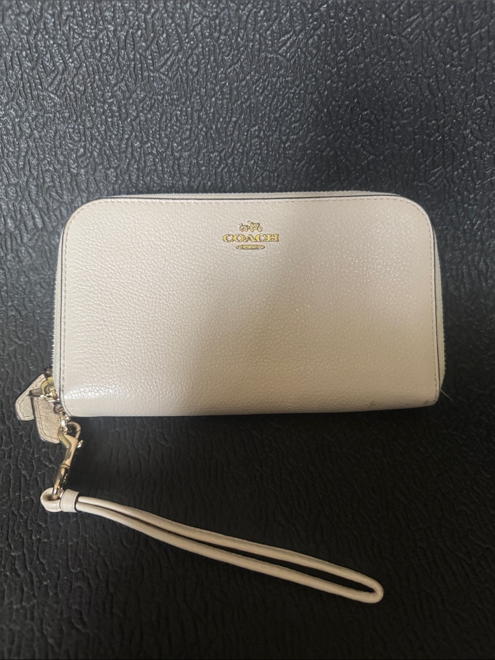 Coach Pebbled Leather Wristlet in Light Beige with Gold Hardware